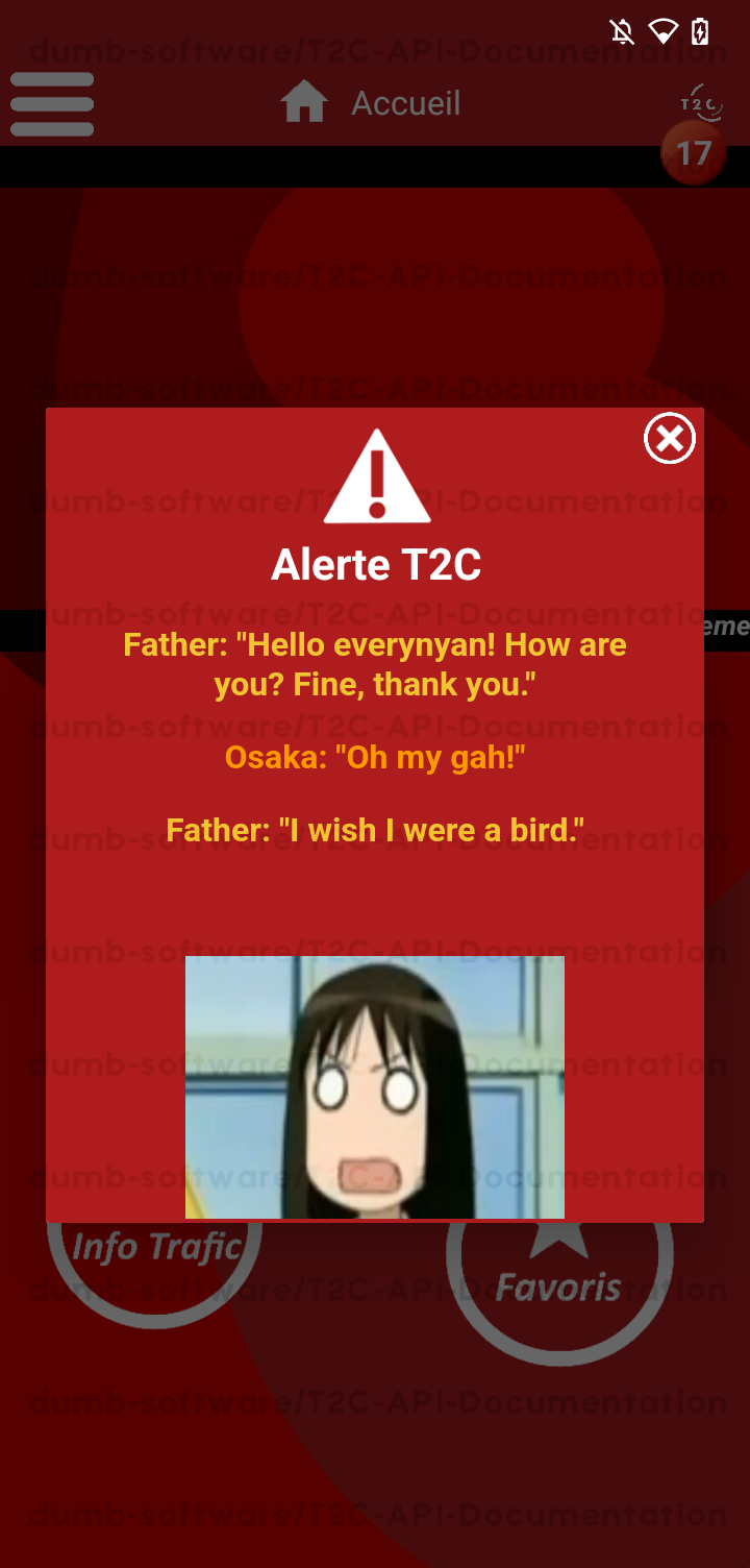 Image de l'application T2C montrant une alerte custom.
