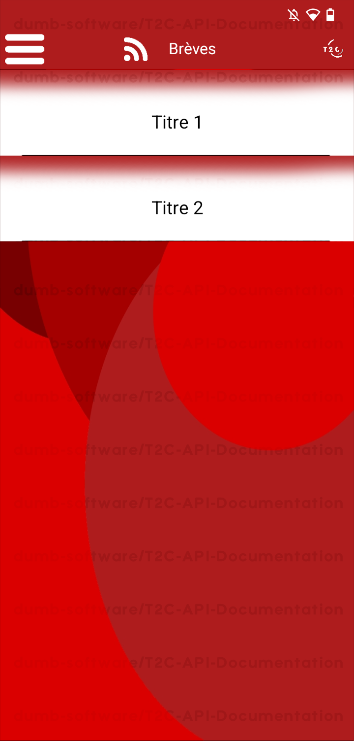 Image de l'application T2C montrant le menu brèves.