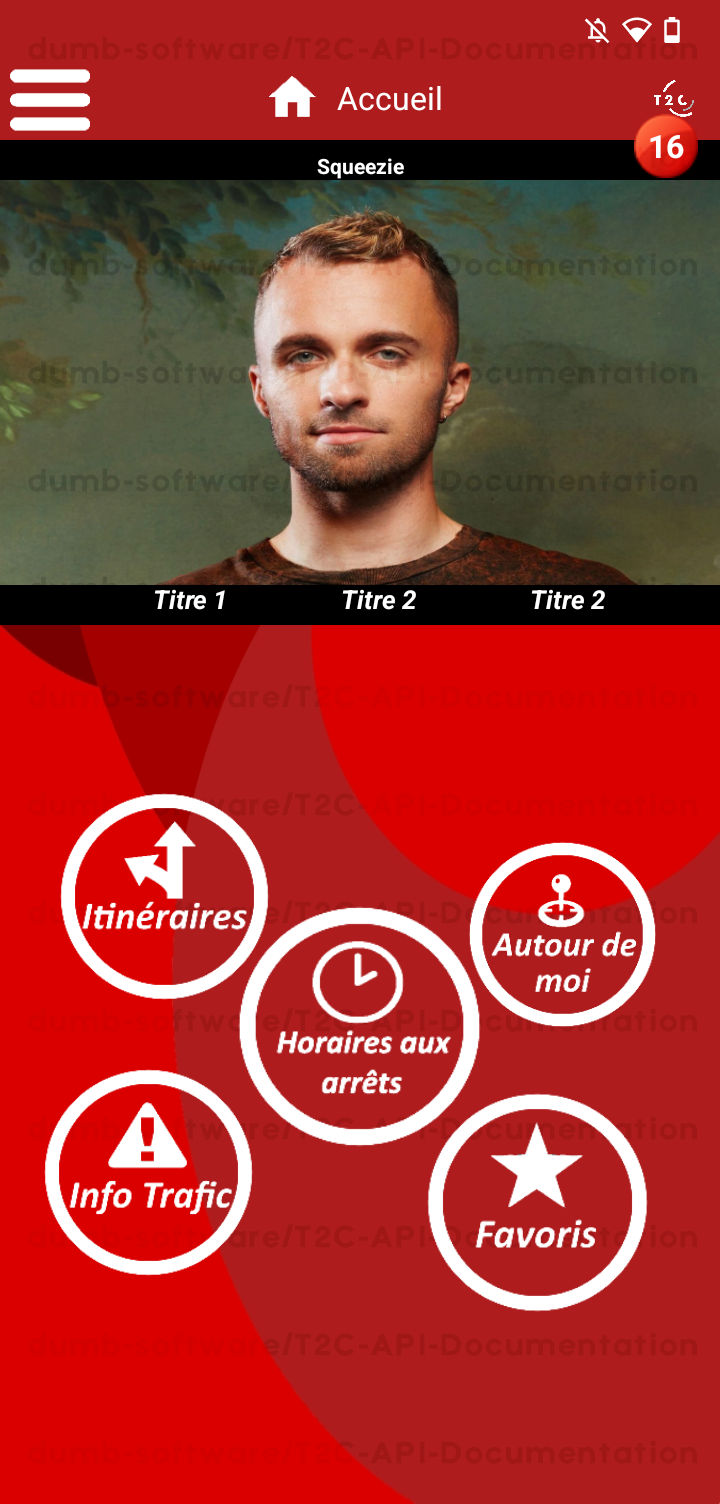 Image de l'application T2C montrant l'accueil, avec le diaporama montrant des évènements custom.