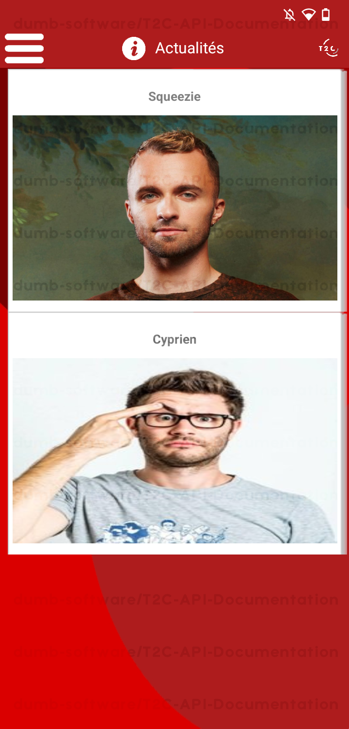 Image de l'application T2C montrant le menu Actualités montrant des évènements custom.