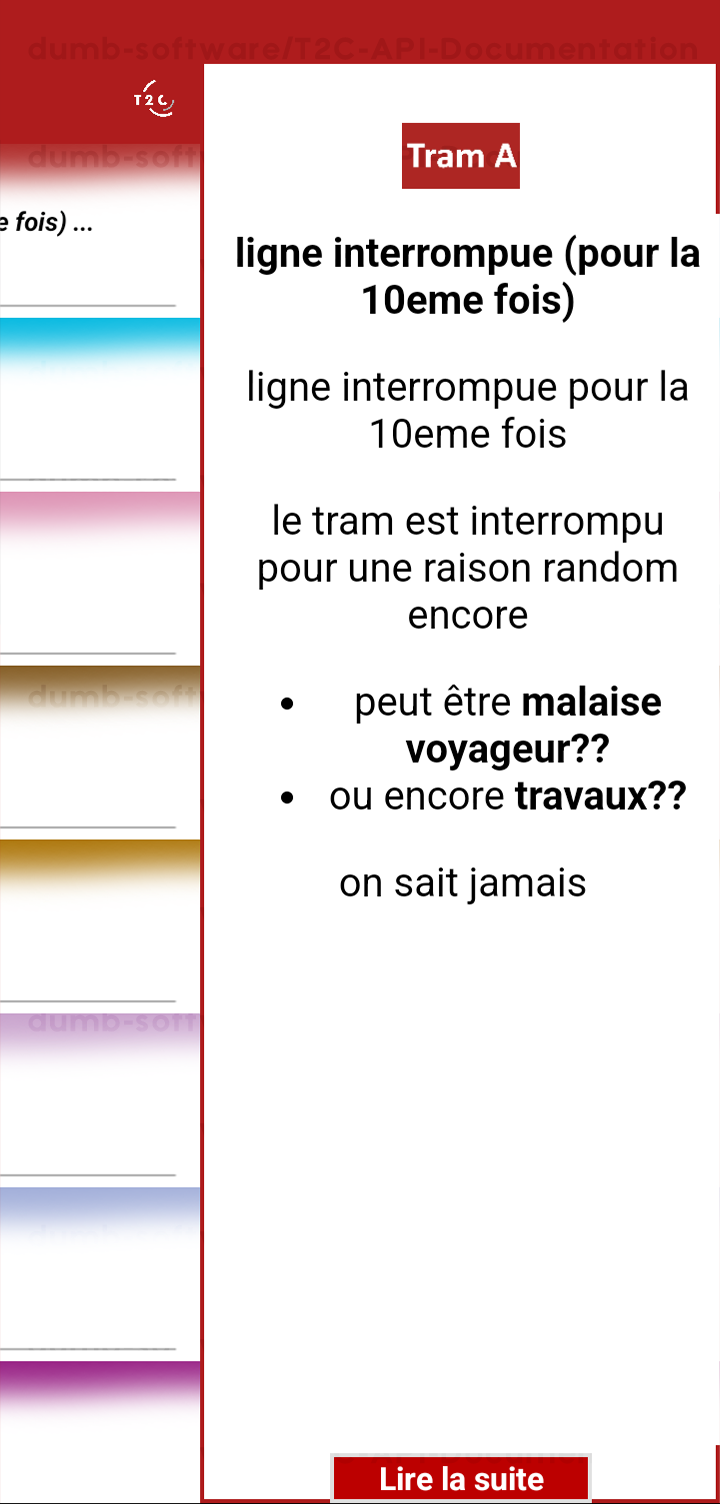 Image de l'application T2C montrant une info custom.