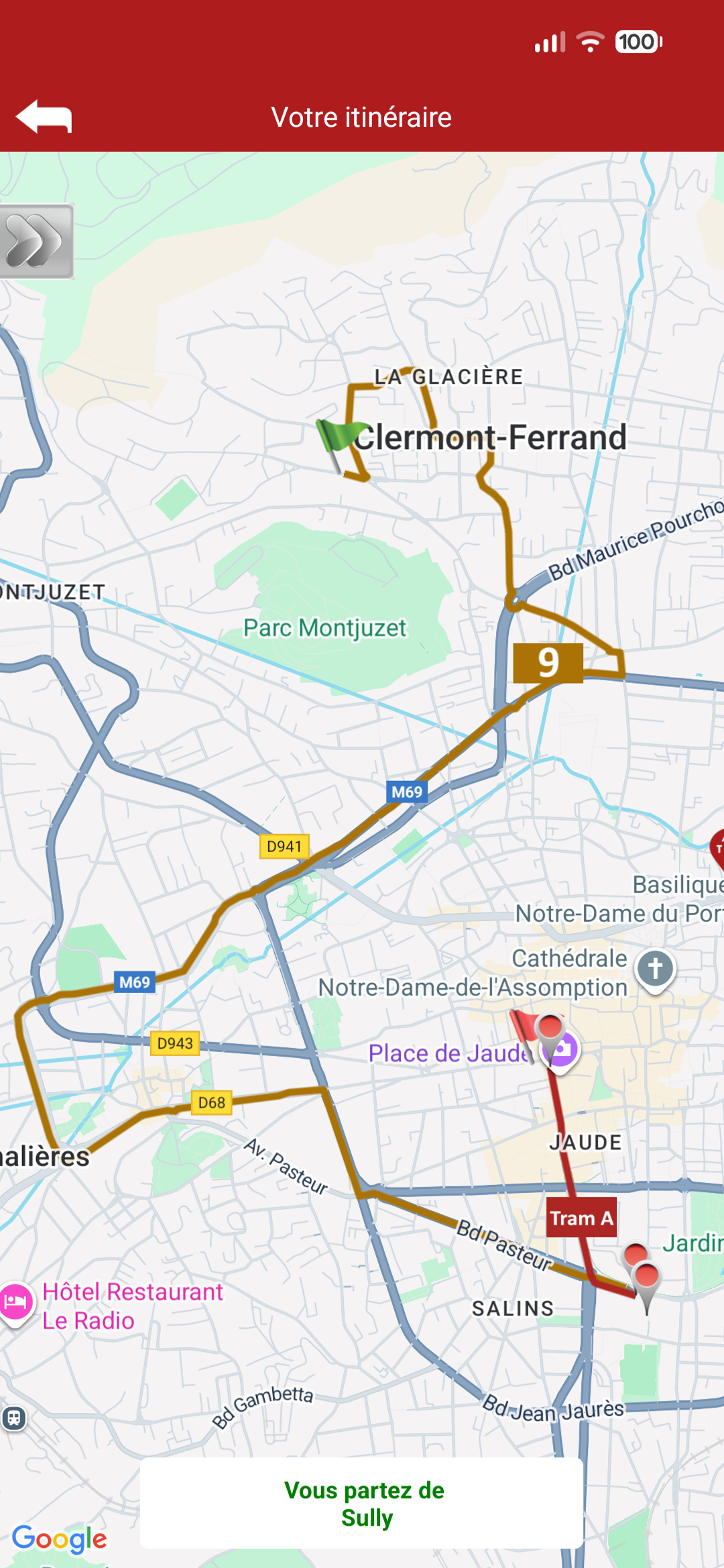 Image de l'application T2C montrant la carte de l'itinéraire.